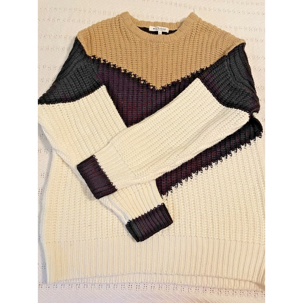 Workshop republic clothing sweater tan‎ cream black color block chunky knit Med